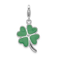 Amore La Vita Sterling Silver Rhodium-plated Polished 3-D Green Enameled 4 Leaf Clover and Clear Crystal Love Charm with Fancy Lobster Clasp view 3