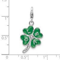 Amore La Vita Sterling Silver Rhodium-plated Polished 3-D Green Enameled 4 Leaf Clover and Clear Crystal Love Charm with Fancy Lobster Clasp view 4
