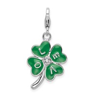 Amore La Vita Sterling Silver Rhodium-plated Polished 3-D Green Enameled 4 Leaf Clover and Clear Crystal Love Charm with Fancy Lobster Clasp view 1