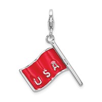 Amore La Vita Sterling Silver Rhodium-plated Polished Reversible Enameled American Flag Charm with Fancy Lobster Clasp view 3