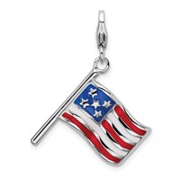 Amore La Vita Sterling Silver Rhodium-plated Polished Reversible Enameled American Flag Charm with Fancy Lobster Clasp view 1