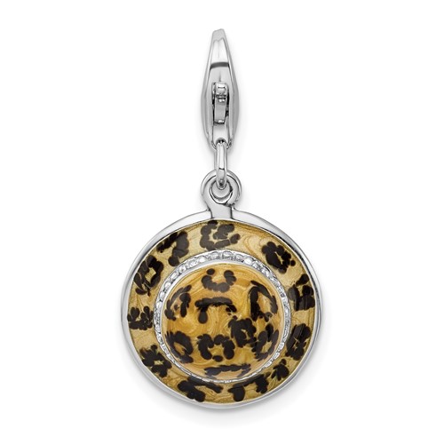 Amore La Vita Sterling Silver Rhodium-plated Polished 3-D CZ Enameled Leopard Hat Charm with Fancy Lobster Clasp