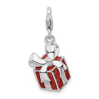 Amore La Vita Sterling Silver Rhodium-plated Polished Red Enameled Present Charm with Fancy Lobster Clasp view 1