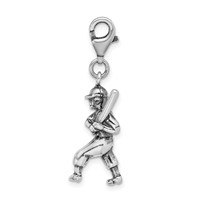 Amore La Vita Sterling Silver Rhodium-plated Polished 3-D Antiqued Baseball Player Charm with Fancy Lobster Clasp view 2