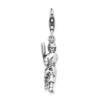 Amore La Vita Sterling Silver Rhodium-plated Polished 3-D Antiqued Baseball Player Charm with Fancy Lobster Clasp view 3