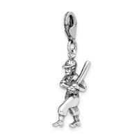 Amore La Vita Sterling Silver Rhodium-plated Polished 3-D Antiqued Baseball Player Charm with Fancy Lobster Clasp view 4