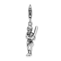 Amore La Vita Sterling Silver Rhodium-plated Polished 3-D Antiqued Baseball Player Charm with Fancy Lobster Clasp view 1