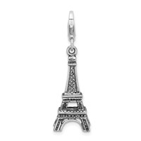 Amore La Vita Sterling Silver Rhodium-plated Polished 3-D Antiqued Eiffel Tower Charm with Fancy Lobster Clasp view 1