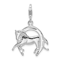 Amore La Vita Sterling Silver Rhodium-plated Polished 3-D Horse in Horseshoe Charm with Fancy Lobster Clasp view 1