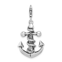 Amore La Vita Sterling Silver Rhodium-plated Polished 3-D Antiqued Anchor and Rope Charm with Fancy Lobster Clasp view 3
