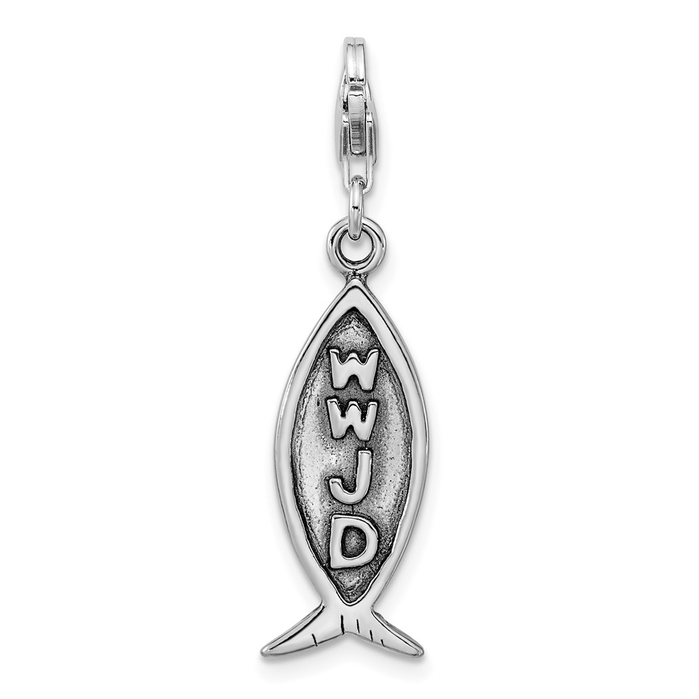 Amore La Vita Sterling Silver Rhodium-plated Polished Antiqued Wwjd Ichthus Charm with Fancy Lobster Clasp