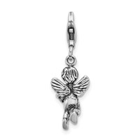 Amore La Vita Sterling Silver Rhodium-plated Polished 3-D Antiqued Angel with Harp Charm with Fancy Lobster Clasp view 3