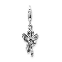 Amore La Vita Sterling Silver Rhodium-plated Polished 3-D Antiqued Angel with Harp Charm with Fancy Lobster Clasp view 1
