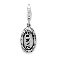 Amore La Vita Sterling Silver Rhodium-plated Polished Antiqued Believe Charm with Fancy Lobster Clasp view 1