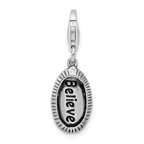 Amore La Vita Sterling Silver Rhodium-plated Polished Antiqued Believe Charm with Fancy Lobster Clasp