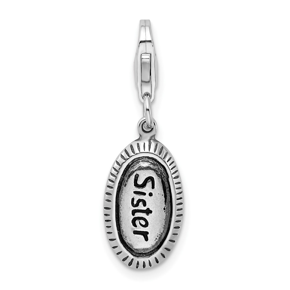 Amore La Vita Sterling Silver Rhodium-plated Polished Antiqued Sister Charm with Fancy Lobster Clasp