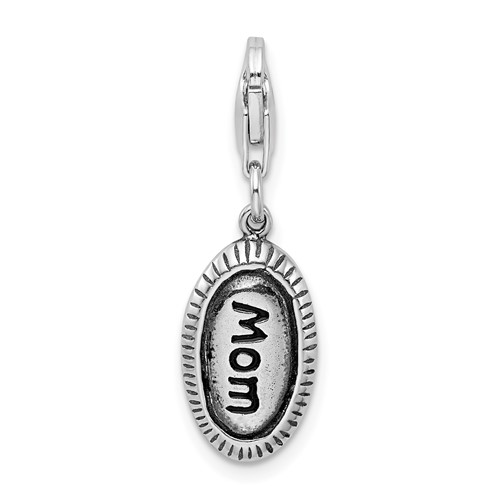 Amore La Vita Sterling Silver Rhodium-plated Polished Antiqued Mom Charm with Fancy Lobster Clasp