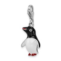 Amore La Vita Sterling Silver Rhodium-plated Polished 3-D Enameled Penguin Charm with Fancy Lobster Clasp view 4