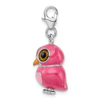 Amore La Vita Sterling Silver Rhodium-plated Polished 3-D Pink Enameled Heart Owl Charm with Fancy Lobster Clasp view 2