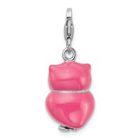 Amore La Vita Sterling Silver Rhodium-plated Polished 3-D Pink Enameled Heart Owl Charm with Fancy Lobster Clasp view 3
