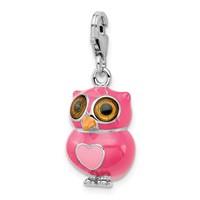Amore La Vita Sterling Silver Rhodium-plated Polished 3-D Pink Enameled Heart Owl Charm with Fancy Lobster Clasp view 4