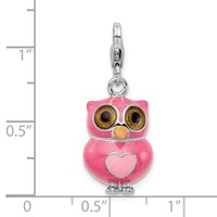 Amore La Vita Sterling Silver Rhodium-plated Polished 3-D Pink Enameled Heart Owl Charm with Fancy Lobster Clasp view 5