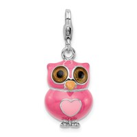 Amore La Vita Sterling Silver Rhodium-plated Polished 3-D Pink Enameled Heart Owl Charm with Fancy Lobster Clasp view 1