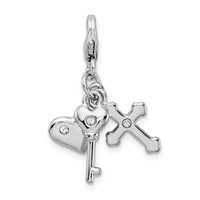 Amore La Vita Sterling Silver Rhodium-plated Polished Heart Cross and Key with Crystal From Swarovski Charm with Fancy Lobster Clasp view 5