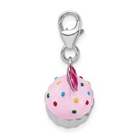 Amore La Vita Sterling Silver Rhodium-plated Polished 3-D Enameled Cupcake and Heart Charm with Fancy Lobster Clasp view 2