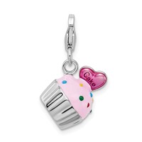 Amore La Vita Sterling Silver Rhodium-plated Polished 3-D Enameled Cupcake and Heart Charm with Fancy Lobster Clasp view 3