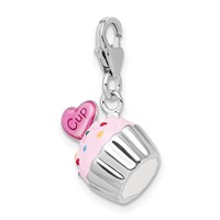 Amore La Vita Sterling Silver Rhodium-plated Polished 3-D Enameled Cupcake and Heart Charm with Fancy Lobster Clasp view 4