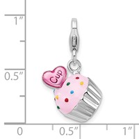 Amore La Vita Sterling Silver Rhodium-plated Polished 3-D Enameled Cupcake and Heart Charm with Fancy Lobster Clasp view 5