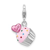 Amore La Vita Sterling Silver Rhodium-plated Polished 3-D Enameled Cupcake and Heart Charm with Fancy Lobster Clasp view 1
