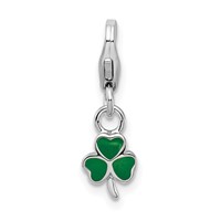 Amore La Vita Sterling Silver Rhodium-plated Polished 3-D Green Enameled Clover Charm with Fancy Lobster Clasp view 1