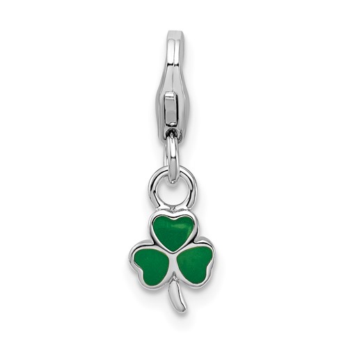 Amore La Vita Sterling Silver Rhodium-plated Polished 3-D Green Enameled Clover Charm with Fancy Lobster Clasp