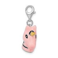 Amore La Vita Sterling Silver Rhodium-plated Polished 3-D Pink Enameled Unicorn Head Charm with Fancy Lobster Clasp view 2