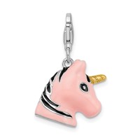 Amore La Vita Sterling Silver Rhodium-plated Polished 3-D Pink Enameled Unicorn Head Charm with Fancy Lobster Clasp view 3