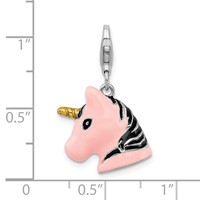 Amore La Vita Sterling Silver Rhodium-plated Polished 3-D Pink Enameled Unicorn Head Charm with Fancy Lobster Clasp view 4
