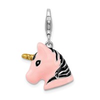 Amore La Vita Sterling Silver Rhodium-plated Polished 3-D Pink Enameled Unicorn Head Charm with Fancy Lobster Clasp view 1