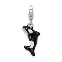 Amore La Vita Sterling Silver Rhodium-plated Polished 3-D Enameled Orca Whale Charm with Fancy Lobster Clasp view 1