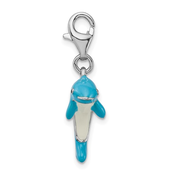 Amore La Vita Sterling Silver Rhodium-plated Polished 3-D Enameled Dolphin Charm with Fancy Lobster Clasp