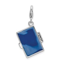 Amore La Vita Sterling Silver Rhodium-plated Polished 3-D Moveable Crystal Enameled 3-D Note Book Charm with Fancy Lobster Clasp view 3
