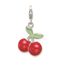 Sterling Silver RH Enameled 3-D Cherries Charm with Lobster Clasp view 3