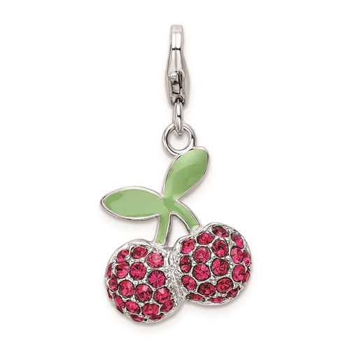 Sterling Silver RH Enameled 3-D Cherries Charm with Lobster Clasp