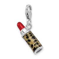 Amore La Vita Sterling Silver Rhodium-plated Polished 3-D Enameled Leopard Lipstick Charm with Fancy Lobster Clasp view 4