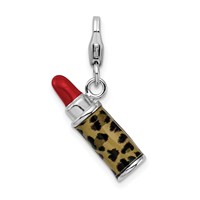 Amore La Vita Sterling Silver Rhodium-plated Polished 3-D Enameled Leopard Lipstick Charm with Fancy Lobster Clasp view 1