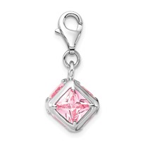 Amore La Vita Sterling Silver Rhodium-plated Polished 3-D Pink CZ Cube Charm with Fancy Lobster Clasp view 2