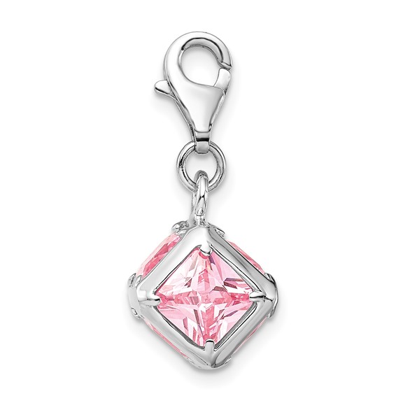 Amore La Vita Sterling Silver Rhodium-plated Polished 3-D Pink CZ Cube Charm with Fancy Lobster Clasp
