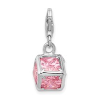 Amore La Vita Sterling Silver Rhodium-plated Polished 3-D Pink CZ Cube Charm with Fancy Lobster Clasp view 3