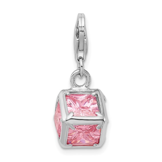 Amore La Vita Sterling Silver Rhodium-plated Polished 3-D Pink CZ Cube Charm with Fancy Lobster Clasp